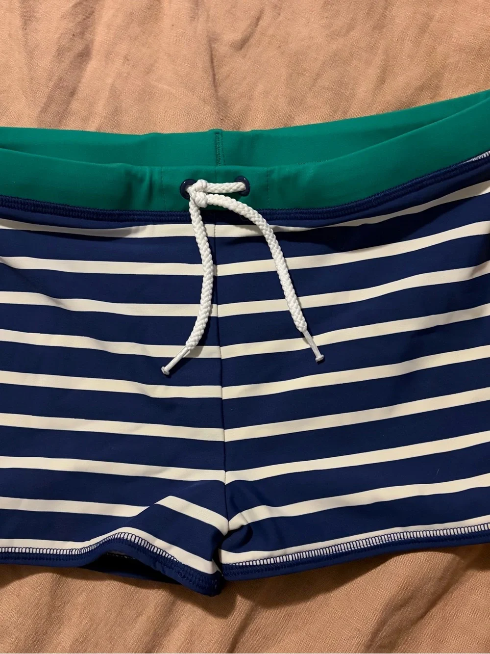 Mini Boden Navy and White Striped Boys Swim Trunks with Green Waistband